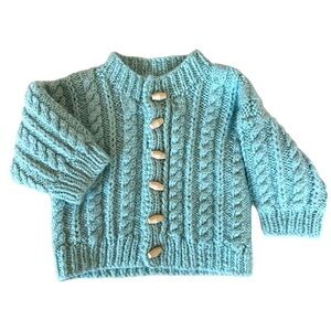 VINTAGE Handmade Hand Knit Aran Sweater Cardigan Merino Cable Blue Baby Top